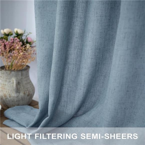 Blue Linen Curtains 84 Inch Length for Living Room 2 Panels Set Back Tab Rod - Picture 4 of 6